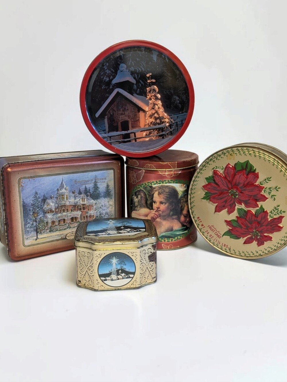 Vintage Christmas Tin Lot (5) Swiss Colony Poinsettia Cherub Village Star